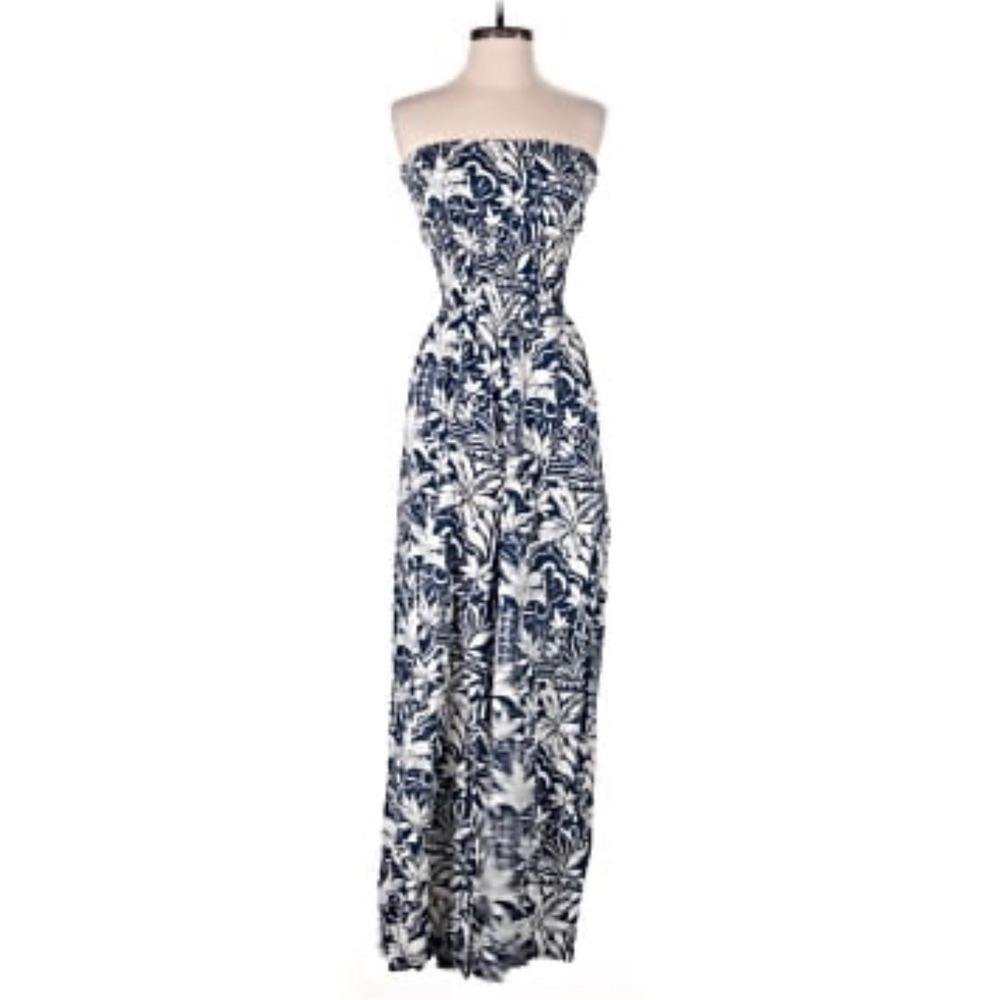 Patrons of Peace Luna Vista Jumpsuit Navy White Tropical Palm Smocked Strapless